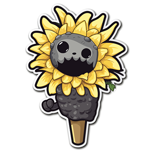 a sticker that shows a cute creature 2d cartoon that looks like a sunflower, eating an ice cream, in black and white vector