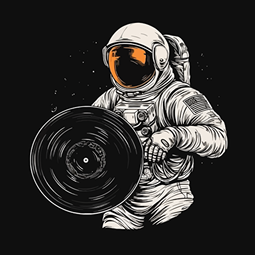 an astronaut holding a big vinyl, 2d vector on black background