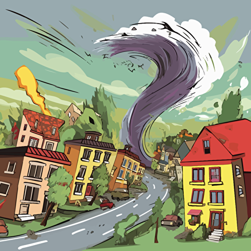 tornado sweeping through town, award winning cartoon drawing, clipart, animation, bright colors, vector
