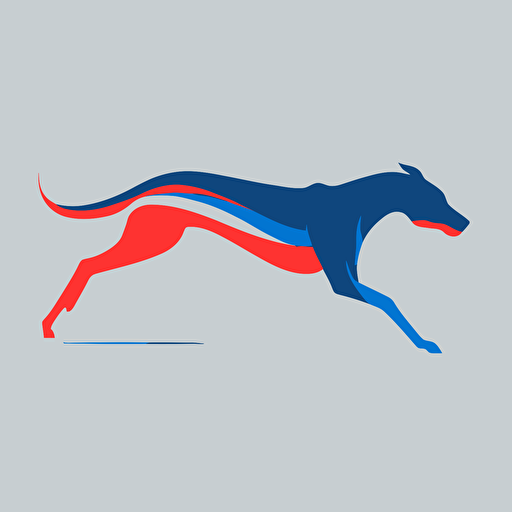 flat vector logo of a greyhound running, blue and red, simple minimal, by Ivan Chermayeff