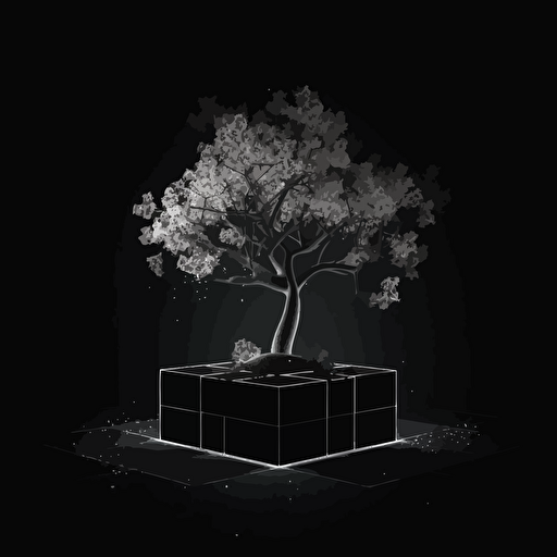 Black background contrasted by a white vectorise and minimal style cube tree