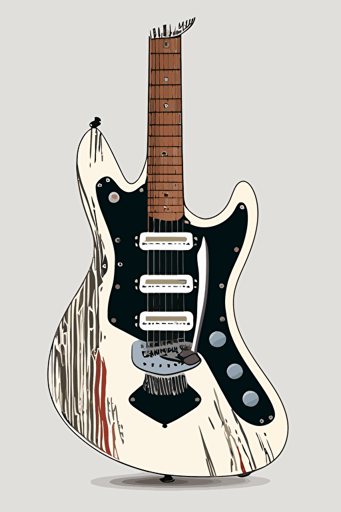 full size electric guitar illustration with black outline, retro style, vector art, illustration, black outline, 4 muted colors, white clean background