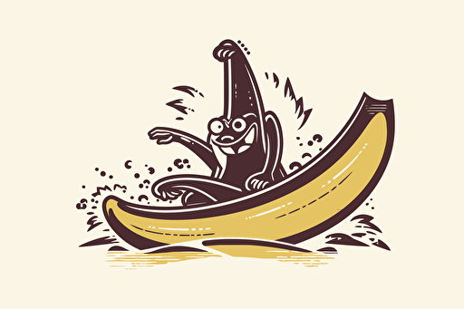 A fun Vector logo for a "Chocolate dipped Banana riding a surfboard" company called "Nick's Banana's", White background,