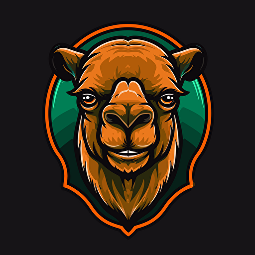 make a camel mascot logo design, brutal, strong, colors like black, orange, red, shades of green, and some colors that are usually used in esport logo, falt vector, great details, solid backgroud