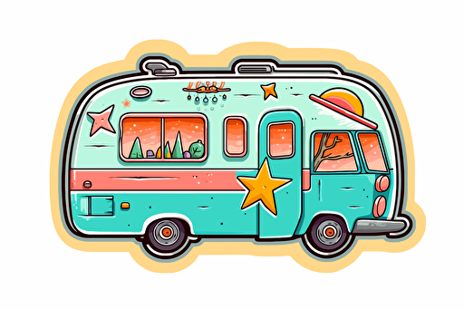 2d illustration, sealife 1970's trailer simple vector colorful sticker