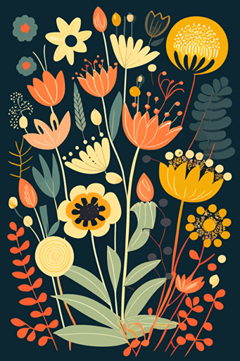 Scandi style flowers in bloom, vibrant colours, vector