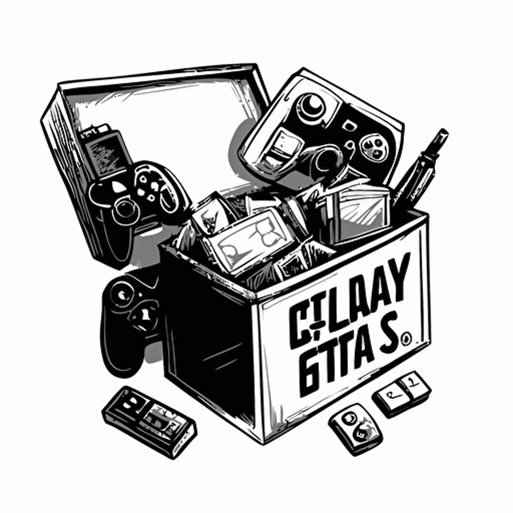 very Simple Logo, Sketchy, Transparent, Black and White, Vector, Box full of Toys, Consoles, Trading cards,