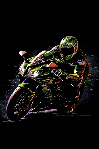 man driving a Kawaski ZX10R, centered, epic shot, full color, vector art, dynamic silhouette, black background