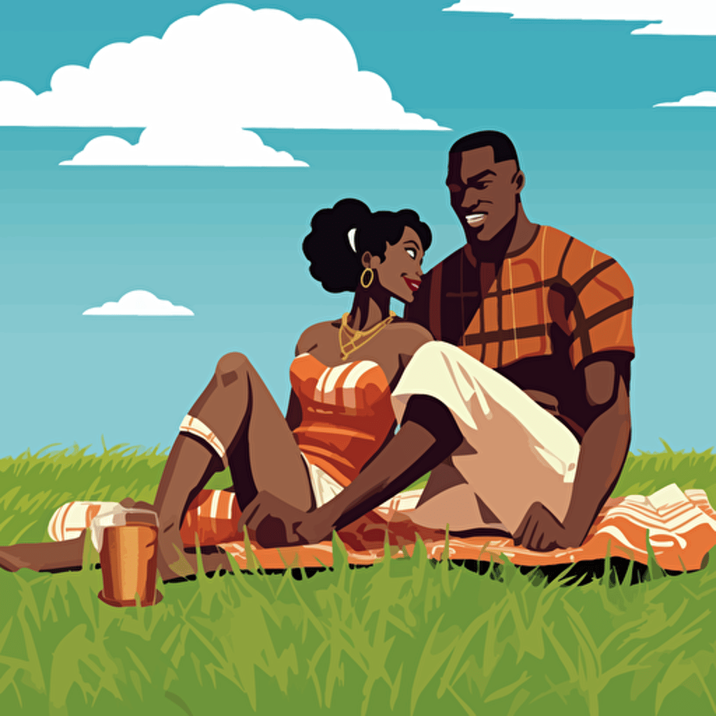 dojinshi manga style, ecchi, black flirty couple, summerpinic ,black busty lady wearing a bikini, black man extremly muscular, laughing, flirty, sexy, they sit passionately on pinic blanket on grass, iconic, Atlanta, Georgia, warm and earth tones, vector, high res, art directed by Art Paul