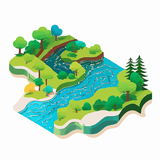 aerial shot of a river, white background, childrens book flat color vector art