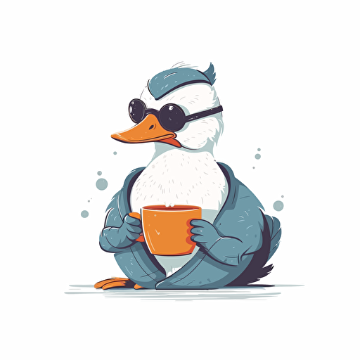 duck wearing eyewear and drinking tea ,vector illustration style,Minimalistic, illustration, White Background