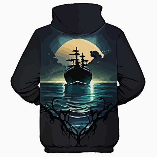 big ship looking like titanic cruising on ocean, night sky, vector image, hoodie design