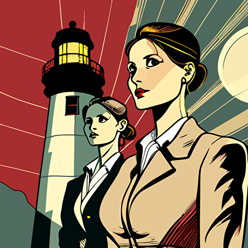 Businesswomen and a lighthouse, detailed vector illustration