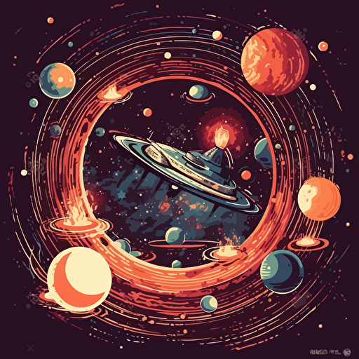 a foreign and unexplored galaxy with unique planets rotating around a sun, viewed from outer space with a small space shuttle coming into orbit, vector illustration in the style of the video game "The Outer Worlds"