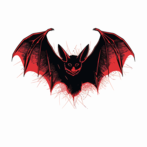 vector illustration of a black bat with wide, outstretched wings, perfectly proportioned wings, the bat's eyes are crimson red, the mouth reveals fangs::