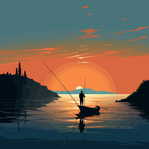 fishing man casting a fishing rod on a boat silhouette, beach background vector illustration, in the style of raphael lacoste, restrained impressionism, uhd image, r. kenton nelson, pensive stillness, high resolution, john mckinstry