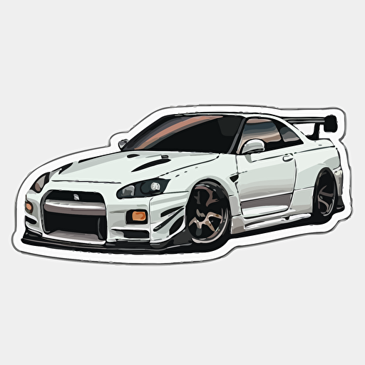 1999 Nissan GTR, Sticker, vector, white background, high detail cartoon