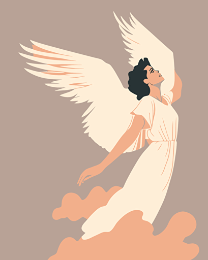 a beautiful Spanish female angel flying in the sky with large wings, hands up in the air, simple limited colors, vector styled, left profile, side view
