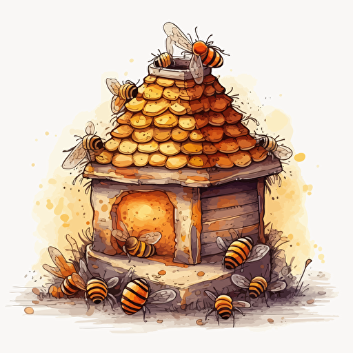 beehive, detailed, cartoon style, 2d watercolor clipart vector, creative and imaginative, hd, white background