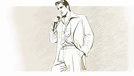 A nostalgic portrayal of Elvis Presley in his signature white jumpsuit, with a microphone in hand and a subtle smile on his lips, The style of the artwork is classic and timeless, with a romantic mood that captures the enduring popularity and legacy of the King of Rock and Roll, The lighting is warm and inviting, suggesting a cozy, intimate setting, vector, contour, white background
