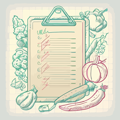 clipboard with an item list on it, surrounded by fruits and vegetables, vector line drawing style