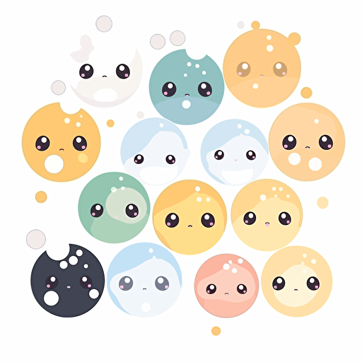 Kawaii bubbles falling flat, 2D, vector, 16 colors, white background, in anime chibi style