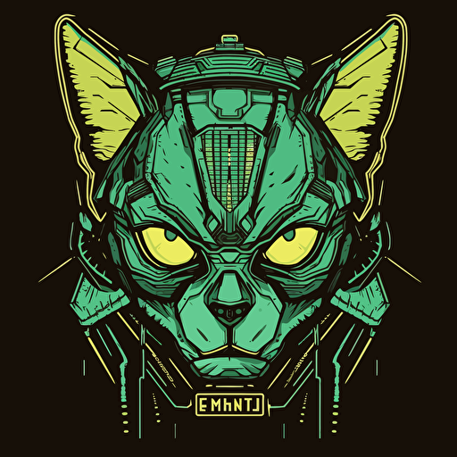 Logo, Menacing, Alien Mecha Cat, Sphynx, Robotic, War Helmet, Green Eyes, Big Ears, Triangle Base, Vector Style,