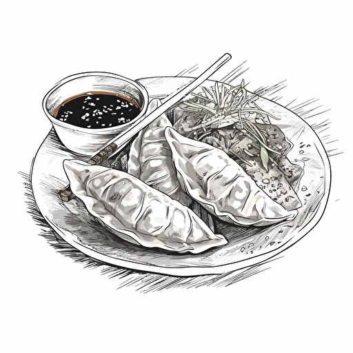 gyoza dish, black and white, vector art, white background