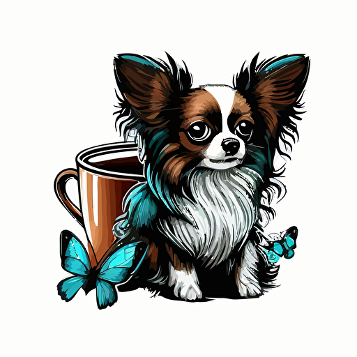 a cute papillon dog next to a cup of coffee, vector art logo, cartoonistic style, white background