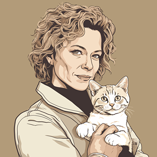 vector art style, 42 year old white female exec, short curly hair, holding a cat, in the style of Michael Parks