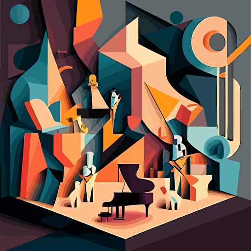 Inspired by Pablo Picasso's Cubism, create a vector illustration of a lively music concert where the musicians, instruments, and audience are depicted using geometric shapes and a limited color palette. Set the scene in a modern-day setting.