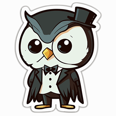 sticker, Owl with a black Suit, kawaii, contour, vector, white