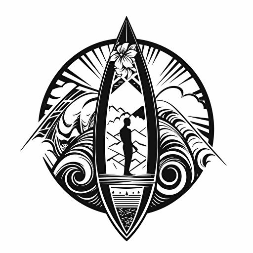 detailed Hawaii surfing logo, black and white design, vector isolated on white