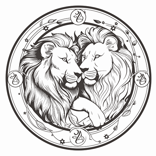 the lion zodiac sign, shall comtain two lions, romantic stile, simple, black and white, vector art, simple, flat desing, shall be circular, no grey shading
