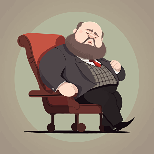 a chubby middle-aged Scotsman has fallen fast asleep, snoring with his mouth open, peaceful and content, sitting in a rocking chair, bushy beard, balding, suit and tie, kilt, as a detailed vector image