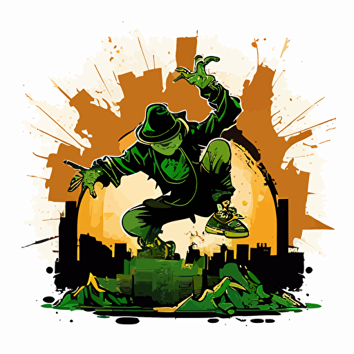 leprechaun breakdancing in the bad part of the city, vector logo, vector art, emblem, simple cartoon, 2d, no text, white background