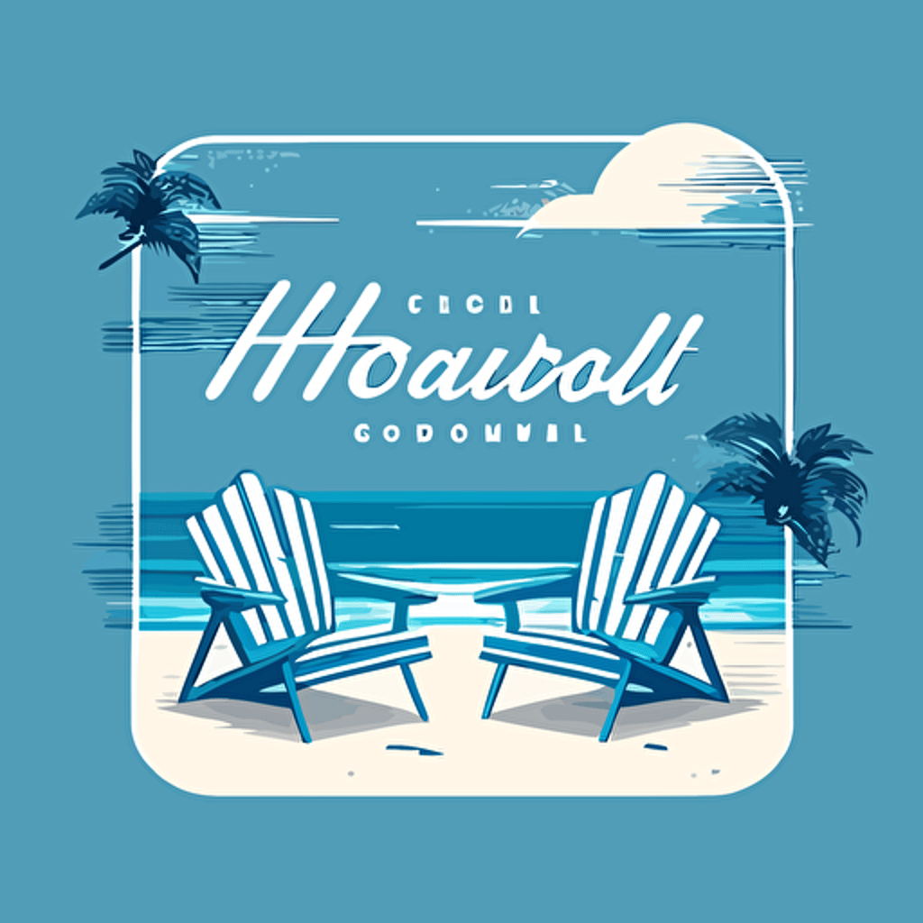 square vector blue and white logo for COHORT-19, a mental health and wellness company. with oceanic horizon. tranquil. 2 beach chairs. beach.