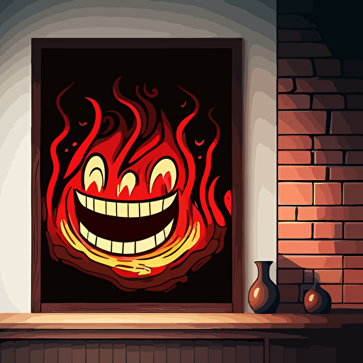 wood cut red black fire in fireplace scary face smiling from inside fire cursive decorations 2d vector illustration