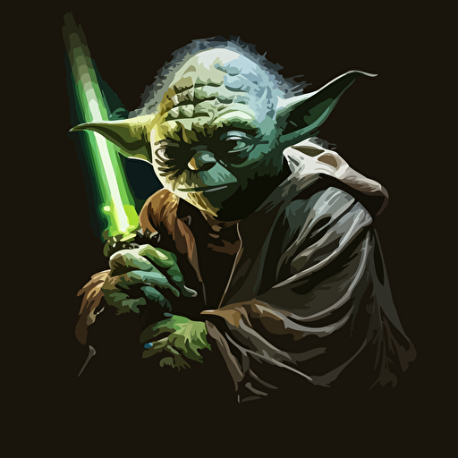 yoda with lightsaber, dark background, vector art
