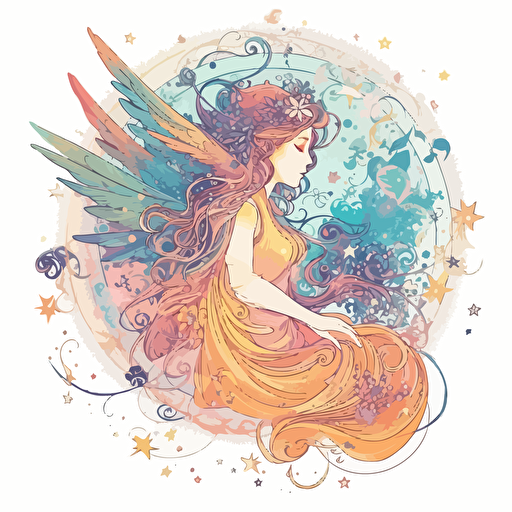 a beautiful ethereal celestial fairy with a surrounding star design in detailed drawing style + simple vector + bright colors on a white background