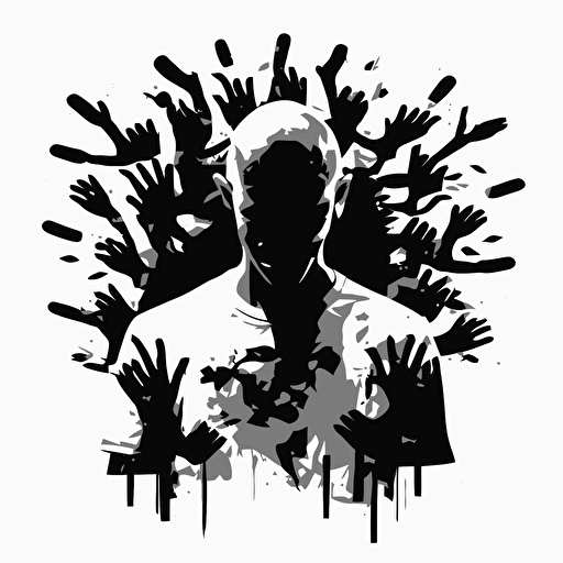 vector image, black and white, minimalist, grunge, bald person with hands covering his face from multiple directions, lots of hands