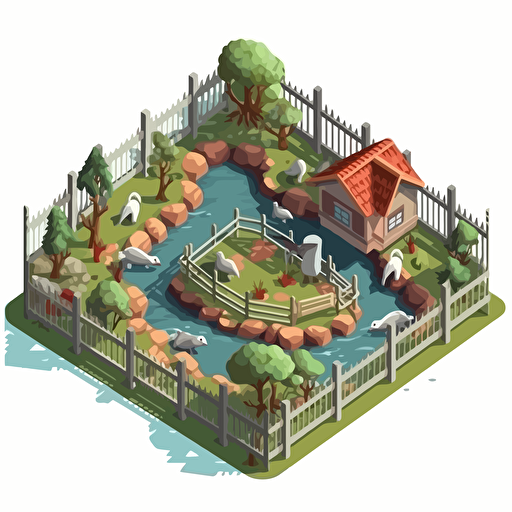 isometric cartoon vector style image of a zoo enclosure with broken fence