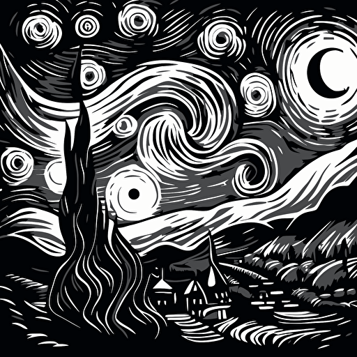 Develop a monochromatic, black-and-white vector illustration of "The Starry Night" by Van Gogh, emphasizing the contrast and depth of the original painting.
