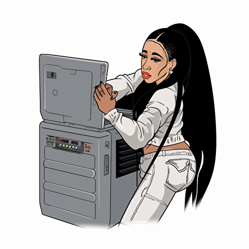 sticker, Cardi-B pushing a inovativ Deploy workstation, contour, vector, white background
