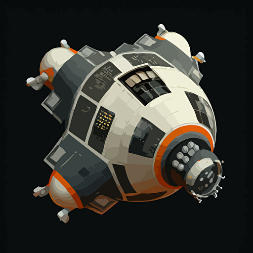heavy duty space ship, round, vector, simple, top down, isometric, orange and grey, black background
