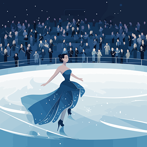 a female figure skater on the ice doing a stag jump wearing a beautiful blue dress, ice arena, people in the stands, audience, illustration, vector