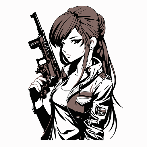 Girl with gun, Sticker, Cool, Anime, Contour, Vector, White background, Detailed