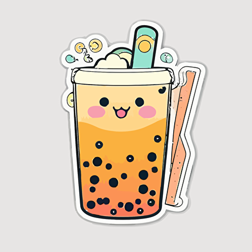 kawaii [pink, orange and yellow] boba tea [happy face] diecut sticker, adorable, neon colour, digital art, vector, white background, detailed