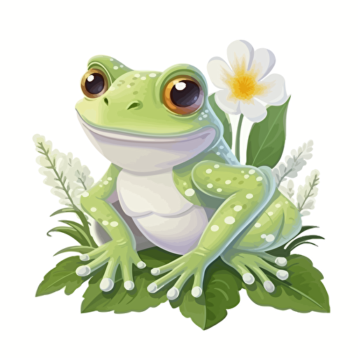 cute frog sitting on leaf, flowers, detailed, cartoon style, 2d clipart vector, creative and imaginative, hd, white background