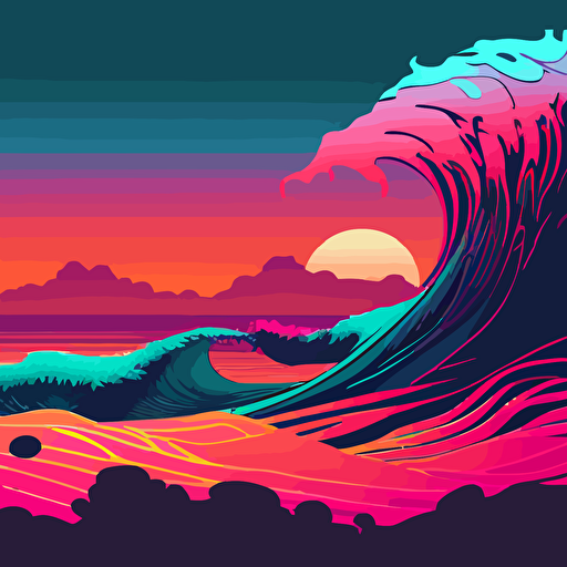 vaporwave surf waves, sunset on horizon, vibrant pinks, blues and oranges, vector, hd, high resolution , 300 dpi,